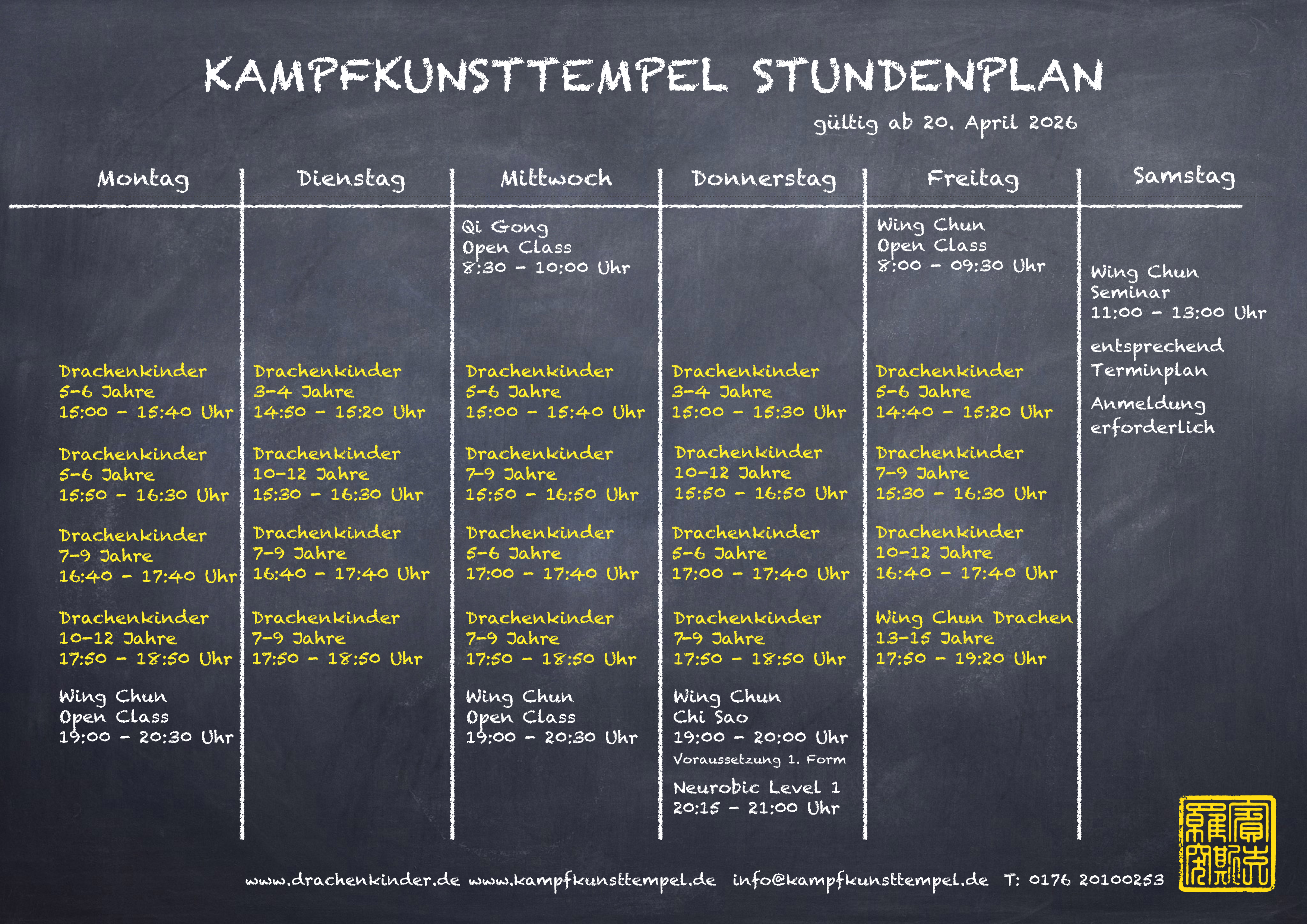 Original-Stundenplan des Kampfkunsttempels in Schultafelgestaltung