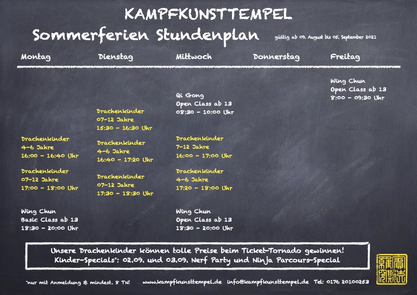 Kampfkunsttempel Stundenplan Sommerferien
